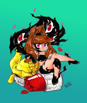 Rule 34 | amano nene (digimon xros wars), corruption, crossed legs, dark persona, darkknightmon, digimon, digimon (creature), digimon xros wars, high heels, high ponytail, legs, long hair, looking at viewer, ponytail, possessed, possession, shademon, shademon (nene ver.), sitting, split ponytail