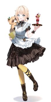 1girl :d absurdres apron aqua_eyes black_bow black_bowtie black_dress blonde_hair boots bow bowtie braid braided_hair_rings brown_boots commentary_request dress food frilled_apron frills full_body hair_flaps hair_rings highres holding hololive kazama_iroha kazama_iroha_(maid) lace lace-up_boots lace_sleeves layered_dress looking_at_viewer mamdtsubu official_alternate_costume official_alternate_hairstyle open_mouth pantyhose parfait platform_boots pokobee short_hair short_sleeves simple_background smile solo tachi-e virtual_youtuber white_apron white_background wrist_cuffs yellow_pantyhose