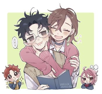 ... 2boys 2girls ahoge arm_around_shoulder ayase_momo black_choker black_hair black_jacket blush book border bow brown_eyes brown_hair brown_sweater_vest chibi chibi_inset choker closed_eyes collared_shirt comimingming commentary_request cropped_torso crossed_arms crossed_bangs dandadan dated earrings enjoji_jin furrowed_brow glasses green_background hair_between_eyes hand_on_another's_arm hand_on_another's_chin holding holding_book hood hood_down hoodie huffing hug hug_from_behind jacket jacket_over_hoodie jewelry korean_commentary laughing medium_hair multiple_boys multiple_girls musical_note open_mouth orange_hoodie parted_bangs pink_hair pink_sweater red_bow red_hair round_eyewear school_uniform shiratori_aira_(dandadan) shirt shirt_under_sweater short_hair smile sparkling_eyes spoken_ellipsis sweatdrop sweater sweater_vest takakura_ken_(dandadan) twitter_username upper_body white_border white_shirt