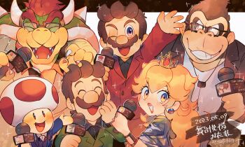 1girl 5boys absurdres animal_ears black_shirt blonde_hair blue_eyes blue_jacket bowser bracelet brown_hair claws closed_eyes collared_shirt crown donkey_kong donkey_kong_(series) facial_hair fangs glasses green_jacket grin hanaon hand_on_own_face highres holding holding_microphone horns jacket jewelry long_hair luigi mario mario_(series) microphone mini_crown monkey multicolored_eyes multiple_boys mushroom mustache nintendo one_eye_closed open_mouth orange_eyes parted_lips princess_peach red_hair red_jacket shirt short_hair smile sparkle teeth the_super_mario_bros._movie thick_eyebrows toad_(mario) twitter_username