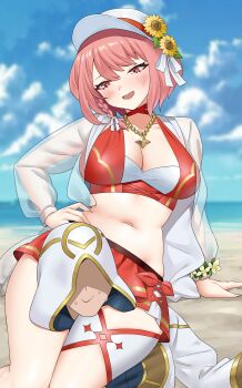 1girl 1other absurdres beach bikini breasts cleavage commentary english_commentary female_focus fire_emblem fire_emblem_engage fire_emblem_heroes hand_on_own_hip head_between_thighs highres jewelry kiran_(fire_emblem) lapis_(fire_emblem) lapis_(forager_of_the_sea)_(fire_emblem) large_breasts matching_hair/eyes navel necklace nintendo official_alternate_costume pink_eyes pink_hair red_bikini red_skirt redkite333 scissorhold short_hair skirt smile solo stomach sweat swimsuit