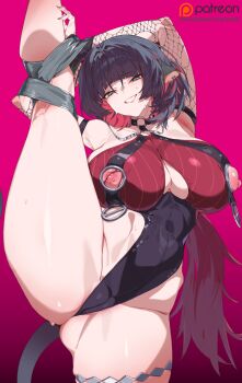 Rule 34 | 1girl, absurdres, animal ears, bare shoulders, belt, black hair, black one-piece swimsuit, blush, breast curtains, breasts, cameltoe, choker, cleavage, detached sleeves, fishnet sleeves, fishnets, grey eyes, grin, halterneck, highleg, highleg one-piece swimsuit, highres, jane doe (nocturne of light) (zenless zone zero), jane doe (zenless zone zero), large breasts, long hair, looking at viewer, mouse ears, mouse girl, mouse tail, nipples, o-ring, one-piece swimsuit, red one-piece swimsuit, restrained, sarong, smile, solo, split, standing, standing on one leg, standing split, swimsuit, tail, tape, thighs, two-tone one-piece swimsuit, yanje, zenless zone zero