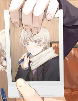 Rule 34 | 1boy, axis powers hetalia, black jacket, black vest, blush, buttons, chair, commentary request, fingernails, formal clothes, hand up, harutoro 39487, highres, holding, holding pen, holding photo, indoors, jacket, lapels, long sleeves, looking at viewer, male focus, necktie, on chair, open clothes, open jacket, open mouth, pen, photo (object), purple eyes, purple necktie, russia (hetalia), scarf, shirt, short hair, solo, suit, suit jacket, table, vest, white hair, white scarf, white shirt