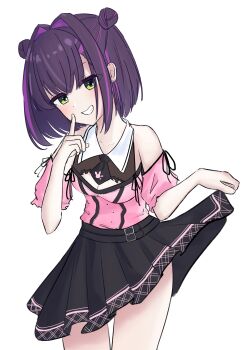 1girl :d absurdres bare_shoulders black_hair black_necktie black_skirt blush breasts cleavage cleavage_cutout clothes_lift clothing_cutout collared_shirt commentary_request cowboy_shot double_bun green_eyes grin hair_bun hands_up high-waist_skirt highres index_finger_raised jirai_kei lifting_own_clothes limelight_lemonade_jam looking_at_viewer medium_breasts medium_hair minnku_0905 multicolored_hair nabari_anju naughty_face necktie off-shoulder_shirt off_shoulder open_mouth pink_shirt pleated_skirt purple_hair shirt short_necktie short_sleeves simple_background skirt skirt_lift smile solo streaked_hair two-tone_hair v-shaped_eyebrows white_background