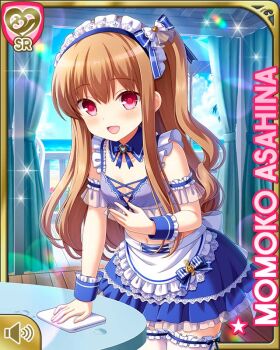 1girl apron asahina_momoko beach bikini blue_bikini blue_skirt brown_hair card_(medium) character_name day girlfriend_(kari) hair_ornament long_hair maid_apron maid_headdress official_art open_mouth outdoors qp:flapper red_eyes ribbon shirt side_ponytail skirt smile solo standing swimsuit table tagme white_apron