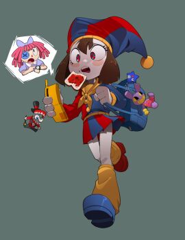 1girl backpack bag bleedman bread bread_slice caine_(the_amazing_digital_circus) food glitch_productions gloves hat highres jam jax_(the_amazing_digital_circus) jester jester_cap multicolored_eyes phone pomni_(the_amazing_digital_circus) ragatha_(the_amazing_digital_circus) school_uniform short_hair the_amazing_digital_circus toast two-tone_eyes