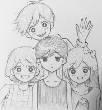 1girl 3boys antenna_hair aubrey_(headspace)_(omori) aubrey_(omori) blush bow bright_pupils brothers checkered_clothes collarbone commentary_request double-parted_bangs greyscale grin hair_between_eyes hair_bow hero_(headspace)_(omori) hero_(omori) highres holding holding_stuffed_toy kel_(headspace)_(omori) kel_(omori) korean_commentary long_hair long_sleeves looking_at_viewer monochrome mr._plantegg_(omori) multiple_boys omori omori_(omori) open_mouth parted_lips shirt short_hair siblings sidelocks simple_background smile stuffed_animal stuffed_eggplant stuffed_toy t-shirt tank_top teeth traditional_media upper_teeth_only wktdms1