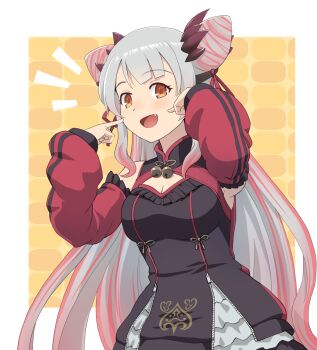 1girl :d bare_shoulders bell black_dress breasts china_dress chinese_clothes cleavage cleavage_cutout clothing_cutout commentary_request cone_hair_bun demon_horns detached_sleeves double_bun dress fang frilled_skirt frills gradient_hair grey_hair hair_bun hair_ribbon haniwa_(leaf_garden) headgear highres horns jingle_bell large_breasts light_blush lolita_fashion long_hair long_sleeves looking_at_viewer mandarin_collar multicolored_hair nanashi_inc. neck_bell notice_lines official_alternate_costume open_mouth orange_background orange_eyes pink_hair pink_streaks pointing pointing_at_self qi_lolita red_horns red_sleeves ribbon short_dress side_up_bun skirt skirt_under_dress smile solo streaked_hair suou_patra suou_patra_(2nd_costume) upper_body very_long_hair virtual_youtuber