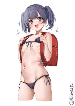 1girl backpack bag bikini black_bikini blush breasts brown_eyes collarbone commentary_request cowboy_shot ebifurya front-tie_bikini_top front-tie_top grey_hair hair_between_eyes hair_ribbon highres kantai_collection looking_at_viewer navel one-hour_drawing_challenge ooshio_(kancolle) open_mouth randoseru ribbon short_twintails side-tie_bikini_bottom smile solo string_bikini swimsuit twintails twitter_username white_background