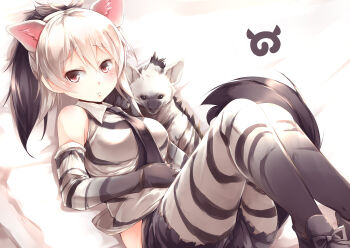 10s 1girl aardwolf aardwolf_(kemono_friends) absurdres animal animal_ears animal_print bare_shoulders black_hair black_necktie black_shorts commentary_request creature_and_personification cutoffs elbow_gloves extra_ears female_focus gloves highres japari_symbol kanzakietc kemono_friends long_hair looking_at_viewer multicolored_hair necktie pantyhose pantyhose_under_shorts personification ponytail print_gloves print_pantyhose print_shirt shirt shoes short_shorts shorts sitting sleeveless sleeveless_shirt solo tail white_hair