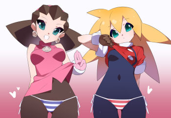2girls bare_shoulders bikini black_bodysuit blonde_hair bodysuit bodysuit_under_clothes breasts brooch brown_hair clothes_lift cowboy_shot dress dress_lift earrings gradient_background green_eyes heart jacket jacket_lift jewelry kaidou_zx long_hair medium_breasts mega_man_(series) mega_man_legends_(series) multiple_girls pink_background roll_caskett_(mega_man) side-tie_bikini_bottom skull_brooch skull_earrings swimsuit tron_bonne_(mega_man)