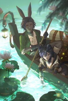 1boy 1girl animal_ears au_ra bamcream black_choker black_gloves black_hair black_shirt blue_eyes boat choker closed_mouth commentary commission dark-skinned_male dark_skin double-parted_bangs dragon_girl dragon_horns english_commentary erenville final_fantasy final_fantasy_xiv gloves green_jacket hair_between_eyes holding holding_oar horns jacket juliet_sleeves long_sleeves oar open_clothes open_jacket puffy_sleeves rabbit_boy rabbit_ears rowboat rowing shirt short_hair sitting viera watercraft yellow_eyes