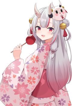 1girl absurdres bell candy_apple commentary demon_horns food from_behind hair_bell hair_ornament highres holding holding_candy_apple holding_food hololive horns japanese_clothes kimono light_blush looking_at_viewer looking_back megurimegu multicolored_hair nakiri_ayame obi open_mouth pink_kimono red_eyes red_streaks sash shirt sidelocks simple_background smile solo streaked_hair untranslatable_commentary virtual_youtuber white_background white_shirt