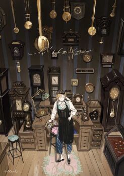 1boy absurdly_detailed_composition analog_clock animal_ears artist_name black_footwear blonde_hair blue_eyes carpet chair clock closed_eyes closet cuckoo_clock digital_clock floppy_ears hand_in_pocket hat highres illumi999 lamp loaded_interior looking_up male_focus original pale_skin patterned_clothing pendulum_clock pliers pocket_watch rabbit_ears roman_numeral screwdriver serious shirt short_hair signature solo standing stool table too_many_clocks wall_clock watch white_shirt wooden_floor wristwatch