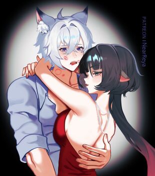 Rule 34 | 1boy, 1girl, absurdres, alternate costume, animal ear fluff, animal ears, arms around neck, bare shoulders, bite mark, bite mark on neck, black hair, blue eyes, breast press, breasts, by nearreya, cat boy, cat ears, collarbone, colored tips, commentary, crossed bangs, dress, english commentary, gradient hair, hair between eyes, hand on another's back, hetero, highres, jane doe (zenless zone zero), jewelry, lipstick mark, lipstick mark on face, long hair, looking at viewer, medium breasts, mole, mole under eye, mouse ears, mouse girl, multicolored hair, necklace, open mouth, paid reward available, parted lips, partially unbuttoned, patreon username, pearl necklace, purple eyes, red dress, red hair, red lips, seth lowell, shirt, short hair, sleeves rolled up, white hair, white shirt, zenless zone zero