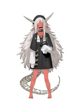 1girl beret black_choker black_dress book choker closed_eyes commentary_request dress full_body hat highres holding holding_book horns long_hair long_sleeves original pigeon-toed pointy_ears puffy_long_sleeves puffy_sleeves sharp_teeth simple_background sleeves_past_fingers sleeves_past_wrists solo standing tail teeth very_long_hair white_background white_hair www_planet