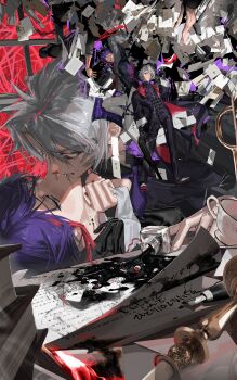 2boys absurdres aqua_eyes arm_up barefoot black_gloves black_jacket black_pants black_shirt black_shoes blood blood_on_face blood_spray bloody_weapon blush book book_stack candlestand closed_mouth clothes_grab collared_shirt commission crying crying_with_eyes_open dagger eyeball formal_clothes gloves grey_hair grey_pants grey_shirt gun high_heels highres holding holding_dagger holding_gun holding_knife holding_weapon ink inkwell jacket jewelry jumping kiss knife looking_at_another looking_at_viewer lying male_focus mau_sakura multicolored_hair multiple_boys multiple_views necklace necktie necktie_grab neckwear_grab nib_pen_(object) on_back open_mouth original pants paper papers parted_lips pen purple_hair purple_necktie red_eyes red_hair red_ribbon red_shoes ribbon sharp_teeth shirt shoes skeb_commission smile spill standing streaked_hair suit table tears teeth thigh_strap too_many_papers two-tone_hair weapon white_necktie window yaoi