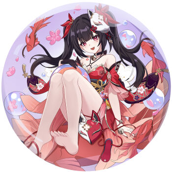 1girl absurdres bare_legs barefoot bell black_hair breasts bubble chinese_commentary commentary_request feet fish fox_mask goldfish hair_ornament hasana highres honkai:_star_rail honkai_(series) japanese_clothes kimono long_hair looking_at_viewer mask open_mouth red_eyes smile solo sparkle_(honkai:_star_rail) toes twintails