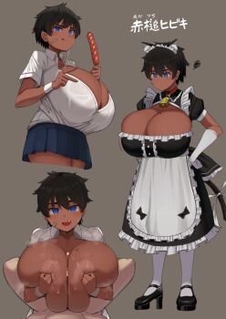 1boy 1girl animal_ears apron black_dress black_hair blue_eyes blush breasts breasts_squeezed_together cat_ears cat_tail cum cum_on_body cum_on_breasts cum_on_upper_body dark-skinned_female dark_skin dress elbow_gloves facominn food gloves hetero high_heels highres huge_breasts licking_lips maid_headdress mole mole_on_breast multiple_views nipples open_mouth original paizuri penis puffy_short_sleeves puffy_sleeves sausage shirt short_hair short_sleeves smile sweat tail tomboy tongue tongue_out translation_request white_apron white_gloves white_shirt