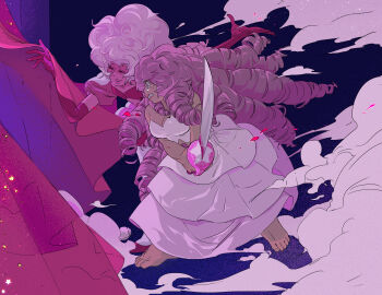 Rule 34 | 2girls, absurdres, barefoot, blue eyes, breasts, cleavage, closed eyes, clothing cutout, cloud, colored skin, commentary request, crying, crying with eyes open, curtains, disguise, dress, drill hair, dust cloud, elbow gloves, forehead jewel, frustrated, gem (steven universe), gloves, highres, holding, holding sword, holding weapon, impersonation, korean commentary, lips, long hair, multiple girls, opening curtains, outstretched arm, pearl (steven universe), petals, pink diamond (steven universe), pink gloves, pink lips, pink skin, profile, puffy sleeves, rose's sword (steven universe), rose petals, rose quartz universe, ruki32 32, short hair, short sleeves, smile, spoilers, star cutout, steven universe, stomach jewel, sword, tears, very long hair, weapon, white dress