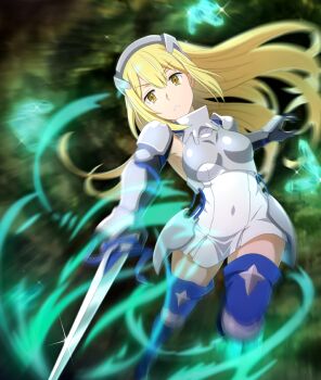 1girl aiz_wallenstein arm_armor armor blonde_hair blue_boots boots breastplate breasts cave crystal diffraction_spikes dress dungeon_ni_deai_wo_motomeru_no_wa_machigatteiru_darou_ka floating_hair game_cg glint headgear holding holding_sword holding_weapon incoming_attack long_hair medium_breasts official_art parted_lips short_dress solo sparkle sword teeth thigh_boots thighhighs third-party_source toji_no_miko toji_no_miko:_kizamishi_issen_no_tomoshibi weapon white_dress yellow_eyes zettai_ryouiki