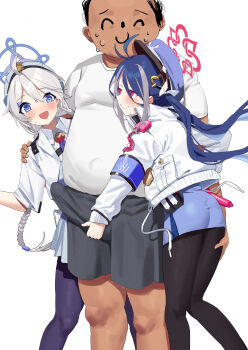 Rule 34 | 1boy, 2girls, absurdres, ahoge, antenna hair, armband, ass, blue archive, blue eyes, blue hair, blue skirt, blue vest, braid, bulge, doodle sensei (blue archive), dress, epaulettes, erection, erection under clothes, feipin zhanshi, fubuki (blue archive), gloves, grey dress, grey hair, halo, hand on another's shoulder, hand on crotch, hand under clothes, highres, jacket, kirino (blue archive), multicolored hair, multiple girls, necktie, pantyhose, parted bangs, penis grab, red eyes, sensei (blue archive), shirt, shorts, skirt, standing, streaked hair, swept bangs, thigh grab, twin braids, twintails, ugly bastard, vest, white background, white gloves, white hair, white jacket, white shirt