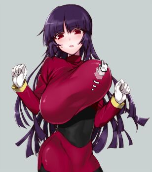 1990s_(style) 1girl black_pantyhose blue_background blunt_bangs blush breast_lift breasts cowboy_shot cursor dress embarrassed female_focus gloves grabbing_another&#039;s_breast groping gym_leader hime_cut hizuki_akira huge_breasts impossible_clothes impossible_dress leggings long_hair looking_at_viewer mouse_cursor nintendo pantyhose pokemon pokemon_rgby purple_hair red_dress red_eyes retro_artstyle sabrina_(pokemon) simple_background solo standing white_gloves