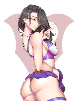 1girl artist_request ass back_tattoo bare_shoulders belt black_hair blowing_kiss breasts cheerleader cinder_fall clothes_lift cosplay crop_top hair_over_one_eye heart highres jessica_nigri juliet_starling juliet_starling_(cosplay) leg_warmers lollipop_chainsaw long_hair looking_at_viewer mature_female medium_breasts midriff nail_polish non-web_source panties parted_lips red_belt red_nails red_panties rwby simple_background skirt skirt_lift smile solo source_request tattoo thighhighs trait_connection underwear voice_actor_connection yellow_eyes