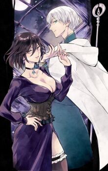 1boy 1girl arm_up black_choker black_hair breasts brown_corset choker cleavage commentary_request corset dress grel_(r6hgvu5) hair_between_eyes hand_on_own_hip holding holding_staff large_breasts long_dress looking_at_viewer looking_back octopath_traveler octopath_traveler_ii outside_border pillarboxed purple_dress short_hair smile staff standing temenos_mistral throne_anguis white_hair