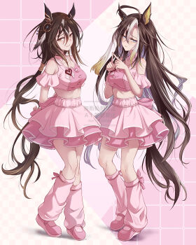 2girls ahoge animal_ears black_hair blue_eyes blush breasts brown_eyes brown_hair brown_tail clothing_cutout collarbone cropped_shirt dream_journey_(umamusume) ear_covers full_body glasses hair_between_eyes highres horse_ears horse_girl horse_tail large_breasts layered_skirt long_hair looking_at_viewer loose_socks meni_shuki_rush-sshu! midriff multicolored_hair multiple_girls official_alternate_costume pink_shirt pink_skirt pink_socks shirt shoulder_cutout skirt smile socks stay_gold_(umamusume) streaked_hair tail umamusume watermark white_hair yue_(lov_n_n)