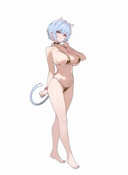 1girl absurdres animal_ear_fluff animal_ears armpit_crease bangle barefoot bikini black_choker blue_hair blue_nails bracelet breasts cat_ears cat_girl cat_tail choker cleavage collarbone full_body gold_bikini groin hair_between_eyes highres jewelry large_breasts looking_at_viewer micro_bikini navel original red_eyes short_hair sideboob simple_background smile solo standing starcat string_bikini swept_bangs swimsuit tail white_background
