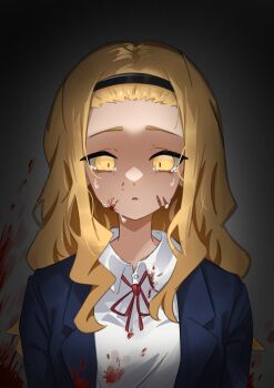 1girl absurdres bangs_pinned_back blazer blonde_hair blood blood_on_clothes blood_on_face blood_splatter crying ge7f hairband highres jacket kirarazaka_marina long_hair looking_at_viewer parted_lips scar scar_on_face school_uniform shirt solo takopii_no_genzai tears upper_body white_shirt yellow_eyes