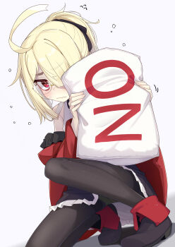 1girl ahoge airi_(ogami_kazuki) black_bow black_pantyhose black_shoes black_skirt blonde_hair blush bow bright_pupils closed_mouth commentary_request flying_sweatdrops frilled_skirt frills glasses hair_bow hair_over_one_eye highres holding holding_pillow huge_ahoge jacket long_hair long_sleeves looking_at_viewer ogami_kazuki one_eye_covered open_clothes open_jacket original pantyhose parted_bangs pillow ponytail red_eyes red_jacket shirt shoes skirt sleeveless sleeveless_shirt slit_pupils solo sweat wavy_mouth white_background white_pupils white_shirt wide_sleeves yes-no_pillow