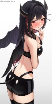 absurdres aizen_chieri amane_sora ass bare_arms bare_shoulders black_hair black_horns black_shorts black_thighhighs blush breasts colored_inner_hair demon_girl demon_wings heart heart_in_eye highres horns large_breasts long_hair looking_at_viewer mole mole_under_mouth multicolored_hair original parted_lips red_eyes red_hair short_short shorts simple_background symbol_in_eye thighhighs twitter_username white_background wings