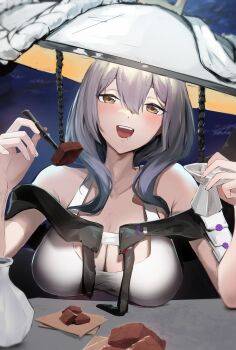 absurdres armor blush bodysuit breasts food goddess_of_victory:_nikke grey_hair hat highres holding japanese_armor jingasa large_breasts large_hat leotard long_hair looking_at_viewer night saliva scarlet_(nikke) shoulder_armor sode ukai_all white_bodysuit white_leotard yellow_eyes