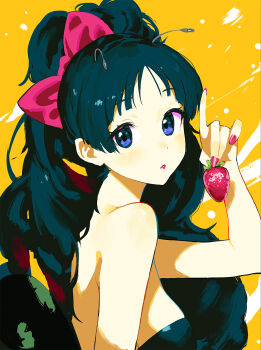 Rule 34 | 1girl, akiyama mio, antennae, bare shoulders, black dress, black eyes, black hair, blue eyes, bow, breasts, colored eyelashes, dress, food, from side, fruit, gradient eyes, hair bow, highres, holding, holding food, index finger raised, k-on!, listen!!, long hair, looking at viewer, migu (iws2525), multicolored eyes, official alternate costume, parted lips, pink bow, ponytail, red lips, red nails, simple background, solo, strawberry, yellow background