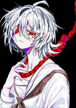 1girl absurdres chest_bow commentary frown half-closed_eye hand_up highres looking_at_viewer n_neko_mizu noose_necktie original raised_eyebrow red_eyes sailor_collar short_hair solo symbol-only_commentary upper_body white_hair white_sailor_collar