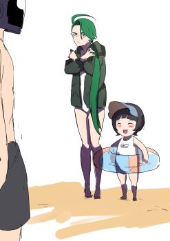 1boy 2girls artist_self-insert bare_legs barefoot black_hair black_necktie blush_stickers closed_eyes crossed_arms dress embarrassed feet full_body green_hair helmet highres innertube jacket legs long_hair looking_at_another looking_at_viewer low_ponytail multiple_girls necktie nintendo one-piece_swimsuit open_mouth pokemon pokemon_sv ponytail poppy_(pokemon) pout red_eyes rika_(pokemon) simple_background size_difference smile standing swim_ring swimsuit swimsuit_under_clothes toes tomboy uranosaxia very_long_hair white_one-piece_swimsuit