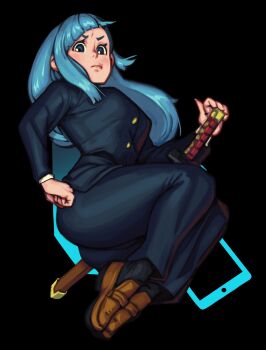 Rule 34 | 1girl, absurdres, black jacket, black pants, blue eyes, blue hair, brown shoes, frown, full body, hand on own hip, highres, jacket, jujutsu kaisen, katana, lenny izquierdo, long hair, miwa kasumi, pants, penny loafers, school uniform, sheath, sheathed, shoes, solo, sword, v-shaped eyebrows, weapon