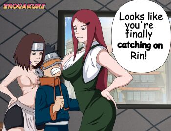 1boy 2girls absurdres age_difference ass between_breasts black_hair breasts brown_eyes brown_hair english_text erogakure forehead_protector headband highres huge_breasts konohagakure_symbol large_breasts long_hair mature_female multiple_girls naruto_(series) naruto_shippuuden nohara_rin red_hair size_difference small_breasts tagme tall_female uchiha_obito uzumaki_kushina