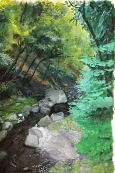 Rule 34 | bush, commentary, forest, grass, harusa1107, highres, hill, nature, no humans, original, painting (medium), plant, rock, scenery, shadow, stream, symbol-only commentary, traditional media, tree, water
