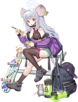 1girl animal animal_ears asymmetrical_legwear atom backpack bag bare_shoulders baseball_cap biohazard_symbol black_hat black_mask black_nails black_shirt black_socks black_thighhighs blue_archive blue_halo blue_shorts bowl breasts canister character_name chopsticks crop_top cross-laced_shoes cutoffs ear_tag ear_tattoo eating empty_eyes exposed_pocket female_focus flower_knot food from_side full_body game_asset garter_straps green_liquid grey_hair grey_shoes hair_intakes halo hand_up hat heart holding holding_bowl holding_chopsticks jacket jewelry knee_up large_variant_set long_hair long_sleeves looking_at_viewer mask mask_pull mouse_(animal) mouse_ears mouse_girl mouse_tail mouth_mask multiple_rings nervous nezusuke_(blue_archive) noodles notched_ear nuclear_waste off_shoulder official_art open_clothes open_jacket open_mouth pouch purple_jacket raised_inner_eyebrows ramen red_eyes ring saya_(blue_archive) saya_(casual)_(blue_archive) shirt shoes short_shorts shorts sidelocks simple_background single_socks single_thighhigh sitting skateboard sleeveless sleeveless_shirt small_breasts sneakers socks solo spilling sweat tachi-e tail tassel thighhighs third-party_source transparent_background uneven_legwear unworn_hat unworn_headwear variant_set whoisshe wide-eyed zipper zipper_pull_tab