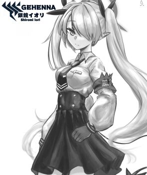 1girl alternate_costume blue_archive demon_tail enmaided greyscale iori_(blue_archive) japanese_text maid monochrome school_uniform solo tail twintails