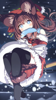 1girl animal_ear_fluff animal_ears bare_shoulders black_thighhighs blue_eyes brown_hair commission daidai_ookami dress floating_hair fur-trimmed_dress fur_trim hat highres holding holding_sack long_hair looking_at_viewer mouth_hold night no_shoes off_shoulder original outdoors red_dress red_hat sack skeb_commission sky snowing solo tail thighhighs very_long_hair