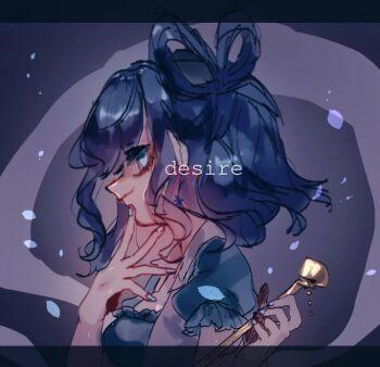 1girl blue_background blue_dress blue_eyes blue_hair chisel closed_mouth commentary_request dress hair_rings kaku_seiga letterboxed looking_at_viewer looking_to_the_side one-hour_drawing_challenge profile puffy_short_sleeves puffy_sleeves shinjitsu_no_kuchi short_hair short_sleeves smile solo touhou upper_body