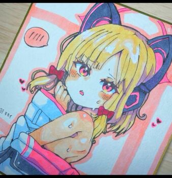 1girl animal_ear_headphones animal_ears blonde_hair blue_archive blush_stickers bow commentary_request dutch_angle fake_animal_ears from_side hair_bow halo hand_up headphones heart jacket loli long_sleeves looking_at_viewer looking_to_the_side momoi_(blue_archive) naked_jacket off_shoulder parted_lips photo_(medium) red_bow shikishi sleeves_past_wrists solo spoken_blush sweat te_toga traditional_media upper_body white_jacket wide_sleeves