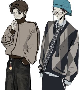 1boy :< aegyo_sal aqua_hat argyle_clothes argyle_sweater arms_at_sides backwards_hat baggy_pants belt_charm black-framed_eyewear black_eyes black_necktie black_pants blue_sweater boynextdoor brown_hair brown_jacket brown_trim charm_(object) closed_eyes closed_mouth collared_shirt commentary cowboy_shot curled_fingers denim double_vertical_stripe ear_piercing english_commentary eyewear_strap fashion grey_sweater hand_in_pocket hand_up hat highres jacket jeans jinjeocompote k-pop lensless_glasses looking_to_the_side male_focus mole mole_under_eye multiple_views necktie newsboy_cap oversized_clothes oversized_shirt oversized_sweater pale_skin pants piercing print_necktie riwoo_(boynextdoor) shirt shirt_under_sweater short_hair side_part simple_background sleeves_past_wrists streetwear striped_clothes striped_jacket sweater track_jacket twitter_username two-tone_necktie two-tone_sweater untucked_shirt v-neck vertical-striped_clothes vertical-striped_jacket white_background white_necktie white_shirt