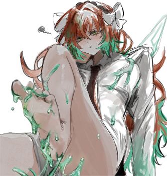 1girl artist_request between_breasts breasts dress_shirt foot_focus green_eyes highres ishmael_(project_moon) limbus_company long_hair necktie necktie_between_breasts no_legwear no_pants orange_hair project_moon shirt slime_(substance) source_request white_background wings