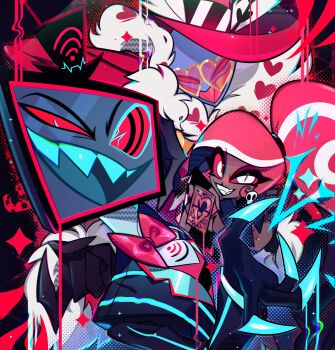 1girl 2boys ama0805 bow bowtie card claws drooling earrings electricity fangs formal_clothes fur_trim hat hazbin_hotel heart heart-shaped_eyewear hellaverse highres jewelry looking_at_viewer multiple_boys pink_hair saliva skull_earrings smile suit sunglasses television top_hat twintails valentino_(hazbin_hotel) velvette_(hazbin_hotel) vox_(hazbin_hotel)