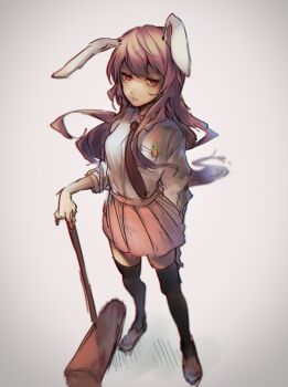 1girl animal_ears arm_behind_back black_thighhighs breasts brown_shoes expressionless gensou_aporo green_skirt holding holding_mallet long_hair long_sleeves mallet necktie parted_lips pleated_skirt purple_hair rabbit_ears rabbit_girl red_eyes red_necktie reisen_udongein_inaba shirt shoes simple_background skirt small_breasts solo thighhighs touhou very_long_hair white_background white_shirt